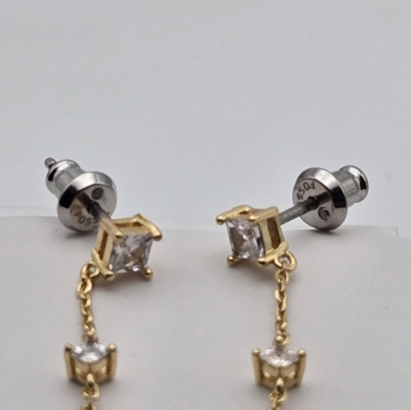 ✨2/$10✨ Fossil Gold Tone Dangle Drop Earrings Cubic Zirconia 2'' - Picture 5 of 7